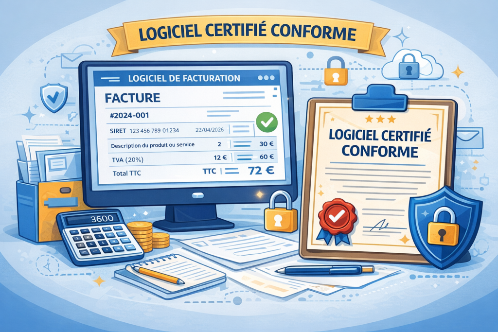 Infographie montrant un logiciel de facturation conforme en 2026 avec mentions légales, numérotation, sécurité et conformité fiscale.
