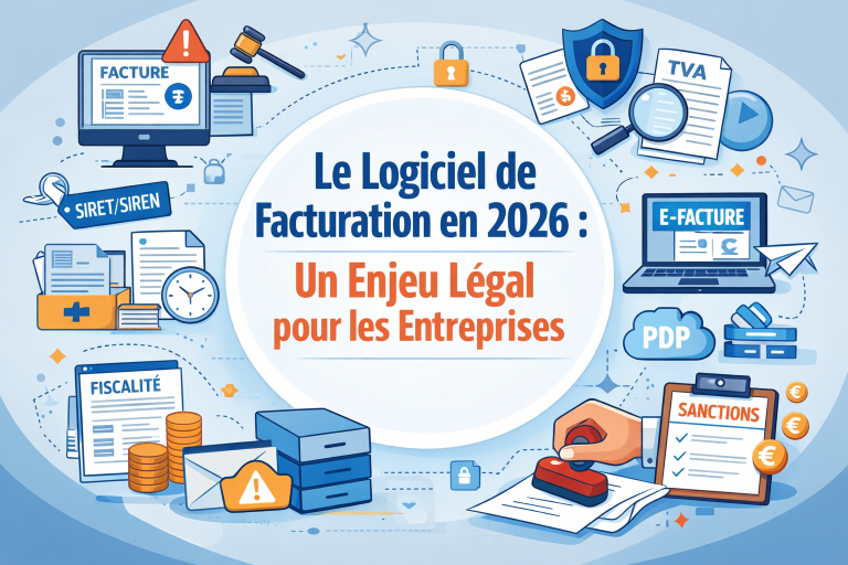 Infographie montrant les obligations légales d’un logiciel de facturation en 2026 : facturation électronique, conformité fiscale, TVA, archivage et sécurité des données.