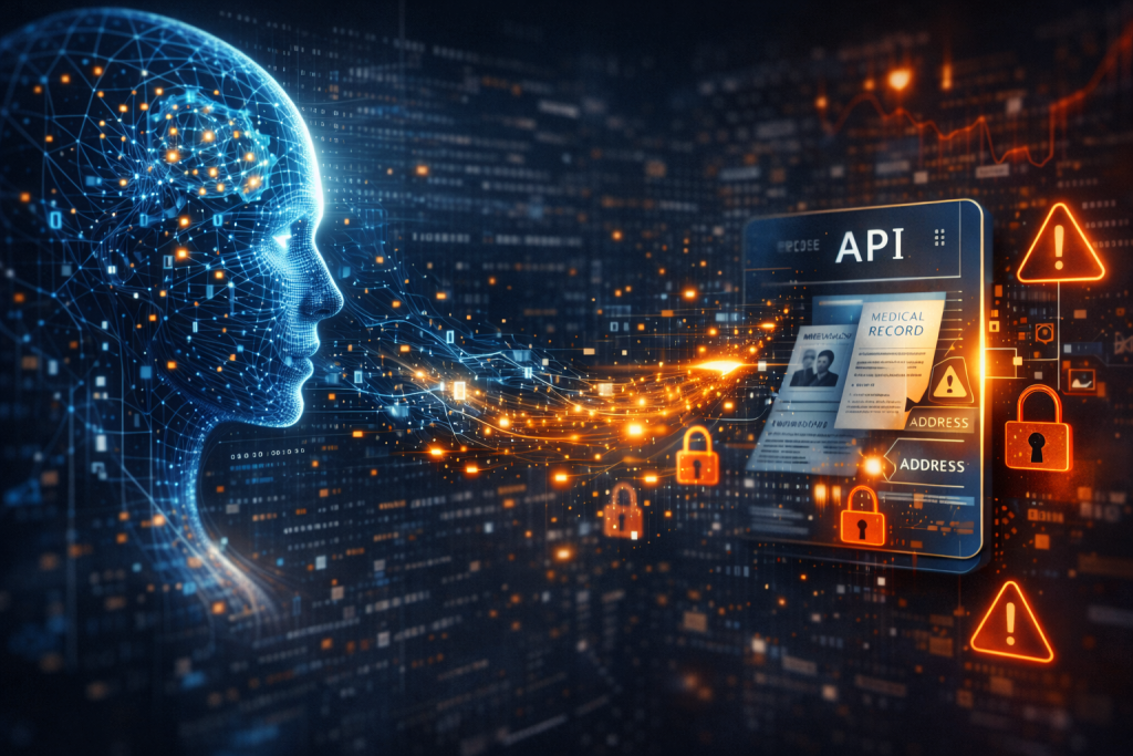 Illustration montrant un modèle d’intelligence artificielle exposant des données sensibles via une API, illustrant les risques d’extraction et de fuite lors de l’entraînement sur des données privées.