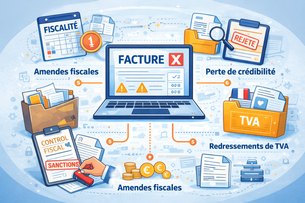 Infographie montrant les conséquences d’un logiciel de facturation non conforme : amendes fiscales, redressements de TVA, contrôle fiscal et perte de crédibilité.