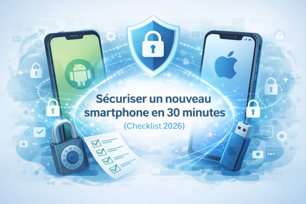 Infographie montrant comment sécuriser un nouveau smartphone Android ou iPhone en 30 minutes avec une checklist de sécurité 2026