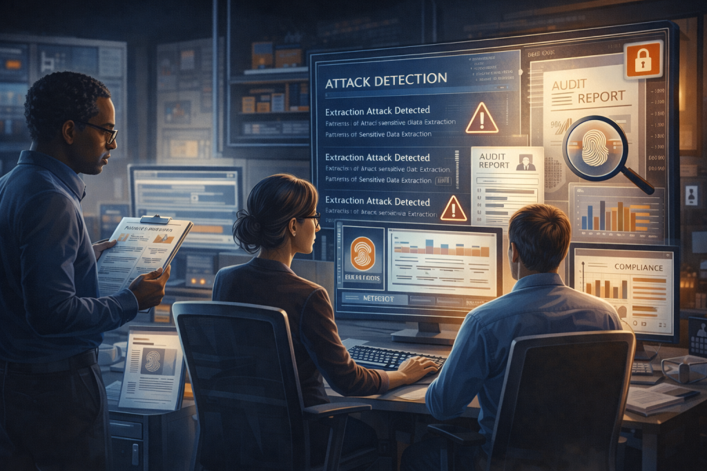 Équipe de cybersécurité réalisant des tests de fuite et des audits sur un système d’intelligence artificielle entraîné sur des données sensibles, avec surveillance des attaques et conformité des modèles.