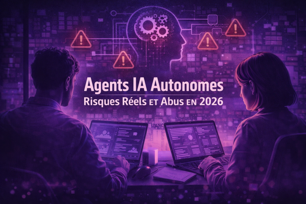 Infographie en tons violets illustrant les risques liés aux agents IA autonomes, montrant une intelligence artificielle capable d’actions invisibles, d’abus et de dérives en 2026