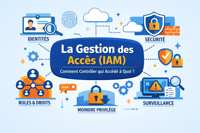 Infographie sur la gestion des accès IAM montrant identités, privilèges, authentification forte, surveillance et automatisation autour d’un bouclier central.