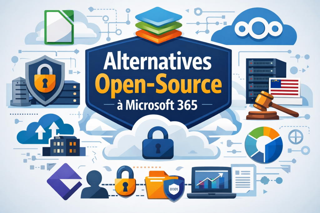 Infographie comparant Microsoft 365 et des alternatives open-source en matière de sécurité, confidentialité des données et contrôle de l’hébergement cloud.