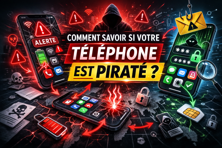 Infographie moderne expliquant comment savoir si un telephone piraté présente des signes d’intrusion et comment réagir rapidement.