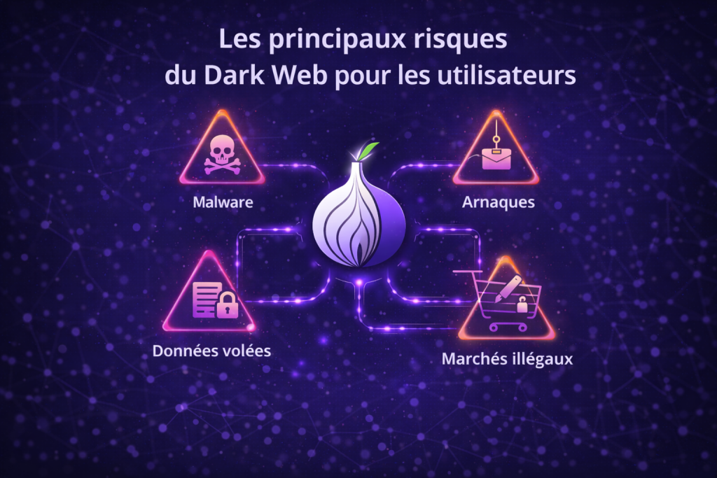 Infographie présentant les dangers du Dark Web : malware, arnaques et vol de données