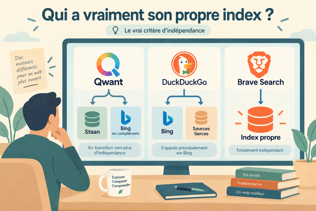 Comparaison de Qwant, DuckDuckGo et Brave Search montrant leurs sources d’indexation : Staan et Bing pour Qwant, Bing et sources tierces pour DuckDuckGo, index propre pour Brave Search.