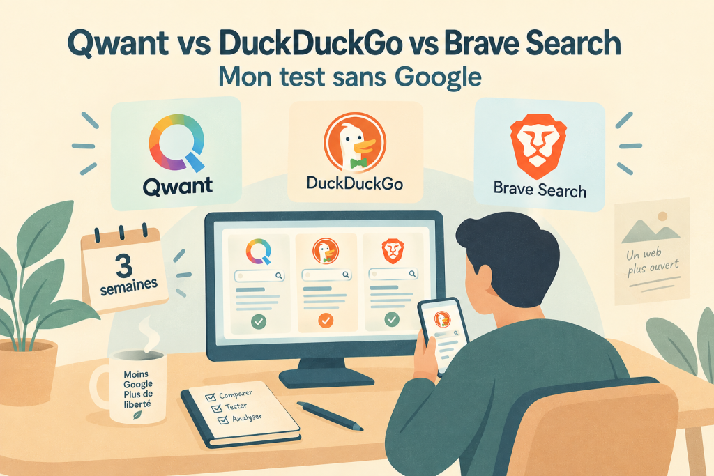 Illustration comparant Qwant, DuckDuckGo et Brave Search après plusieurs semaines de test sans Google.